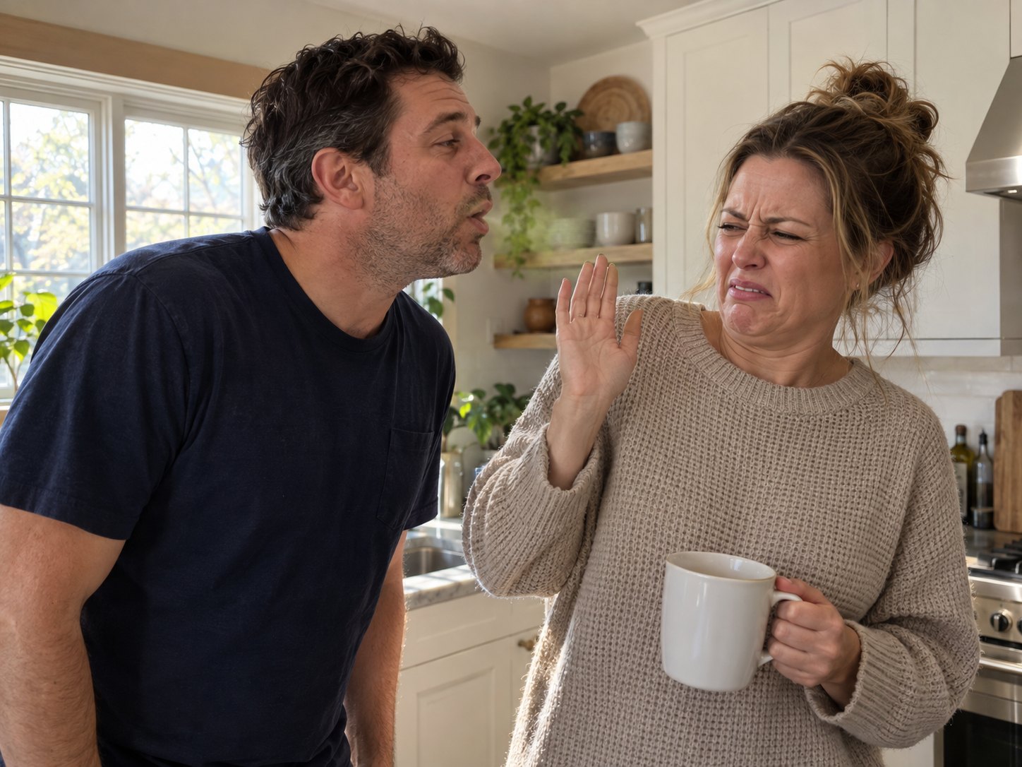 A woman recoils from her partner’s unpleasant breath as he leans close in the kitchen