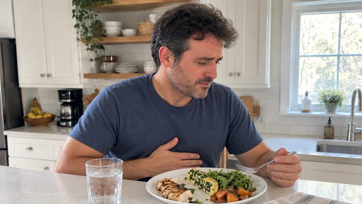 A man pauses over a protein-heavy meal, uneasy about how he will feel afterward
