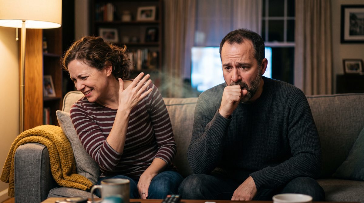 A man burps on the sofa while his wife leans away wafting the air, half-laughing