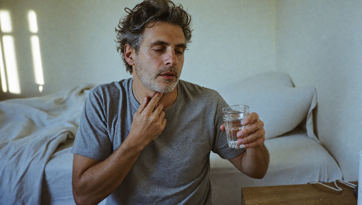 A man sitting on the edge of his bed first thing in the morning, reaching for a glass of water