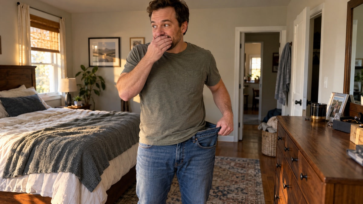 A man notices his jeans fit looser but covers his mouth after a burp, conflicted about the trade-off